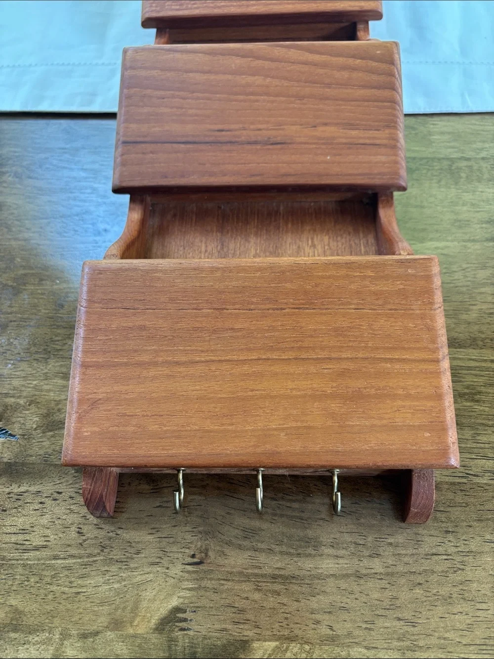 Vintage Goodwood Teak Wood Wall Organizer 3 Tier Entry Letter Holder & Key Hooks